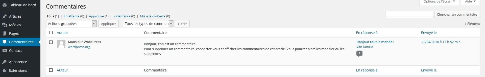 onglet commentaires wp
