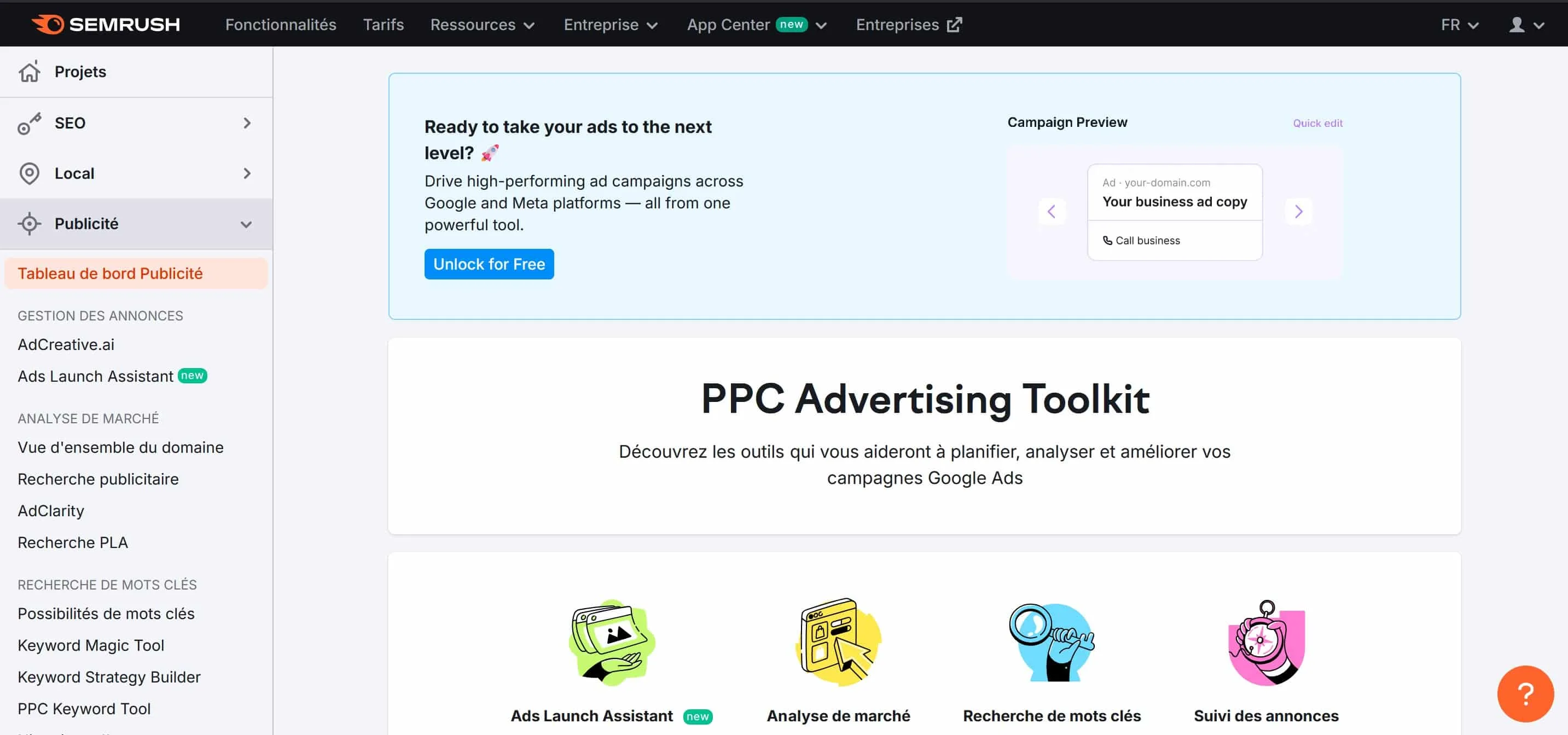 onglet publicité semrush