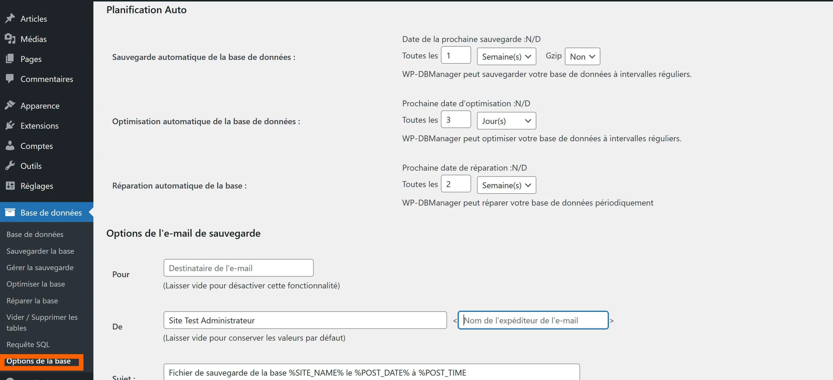 Options de gestion de base de données de WP-DBManager