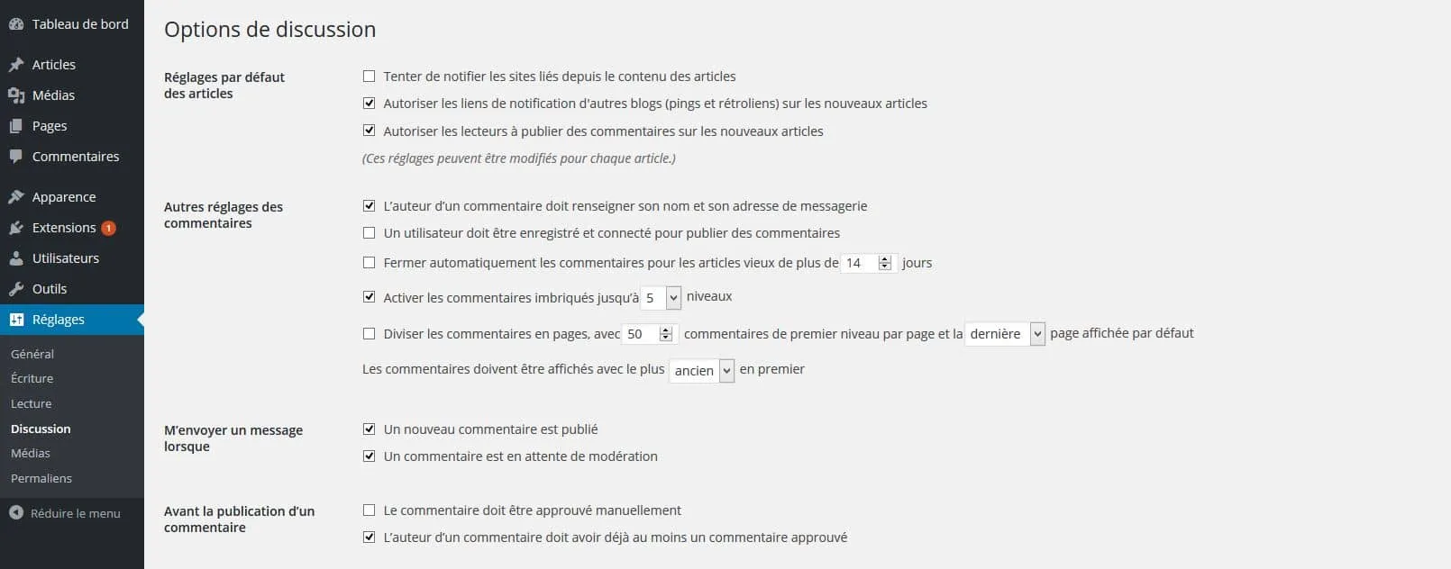 options de discussion wordpress