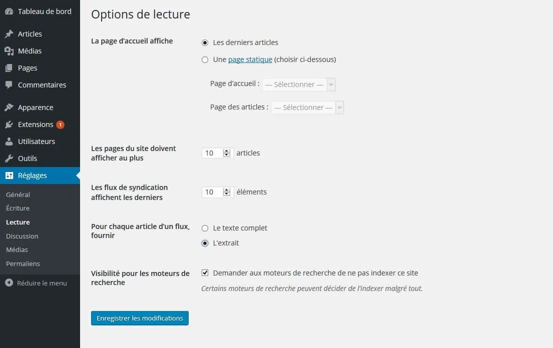 tableau options de lecture wordpress