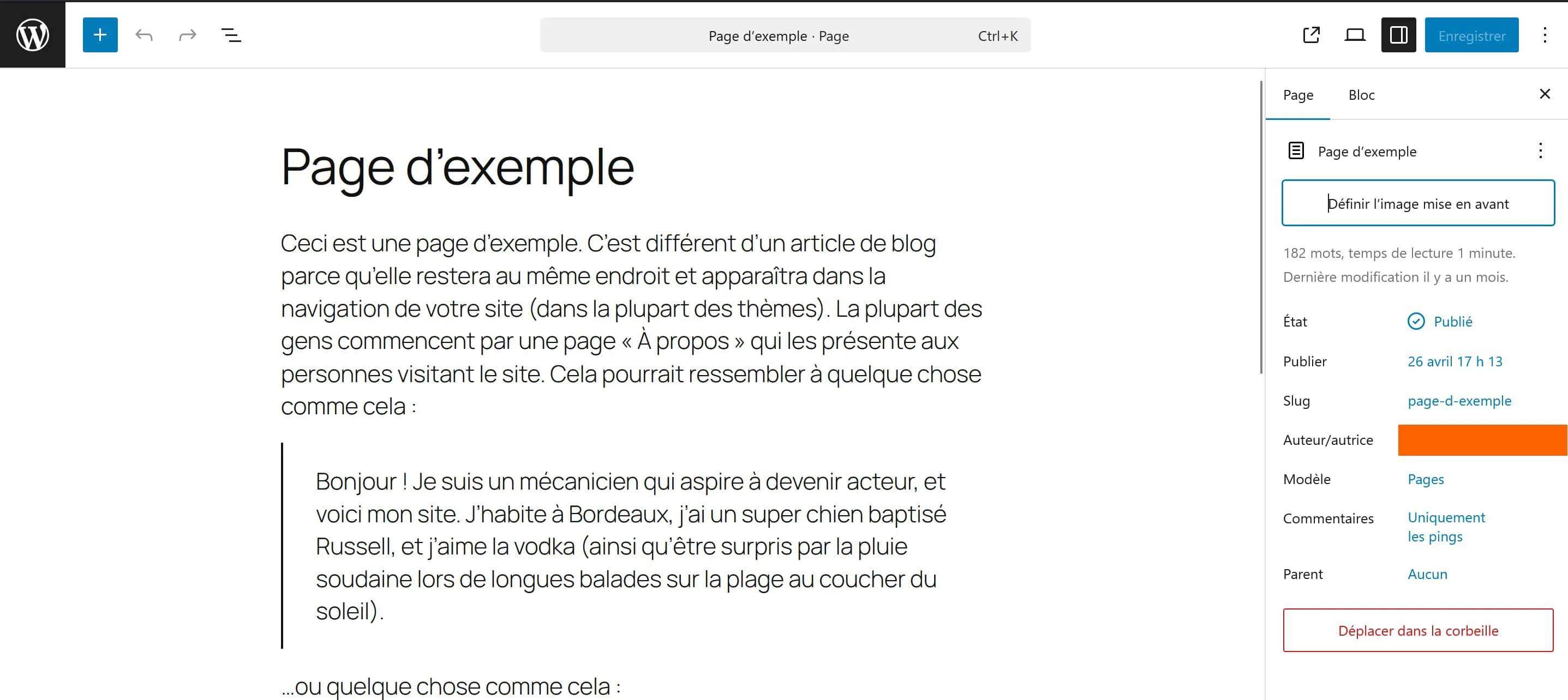 Page d'exemple composée avec l'éditeur Gutenberg