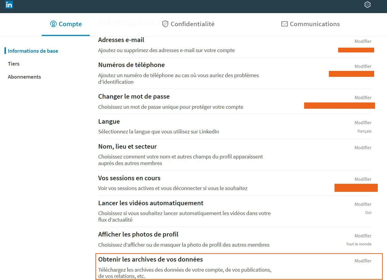 paramètres compte linkedin