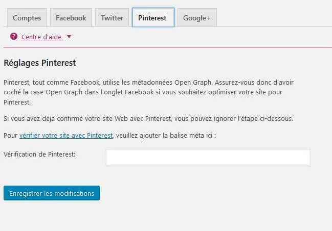 configuration pinterest wordpress
