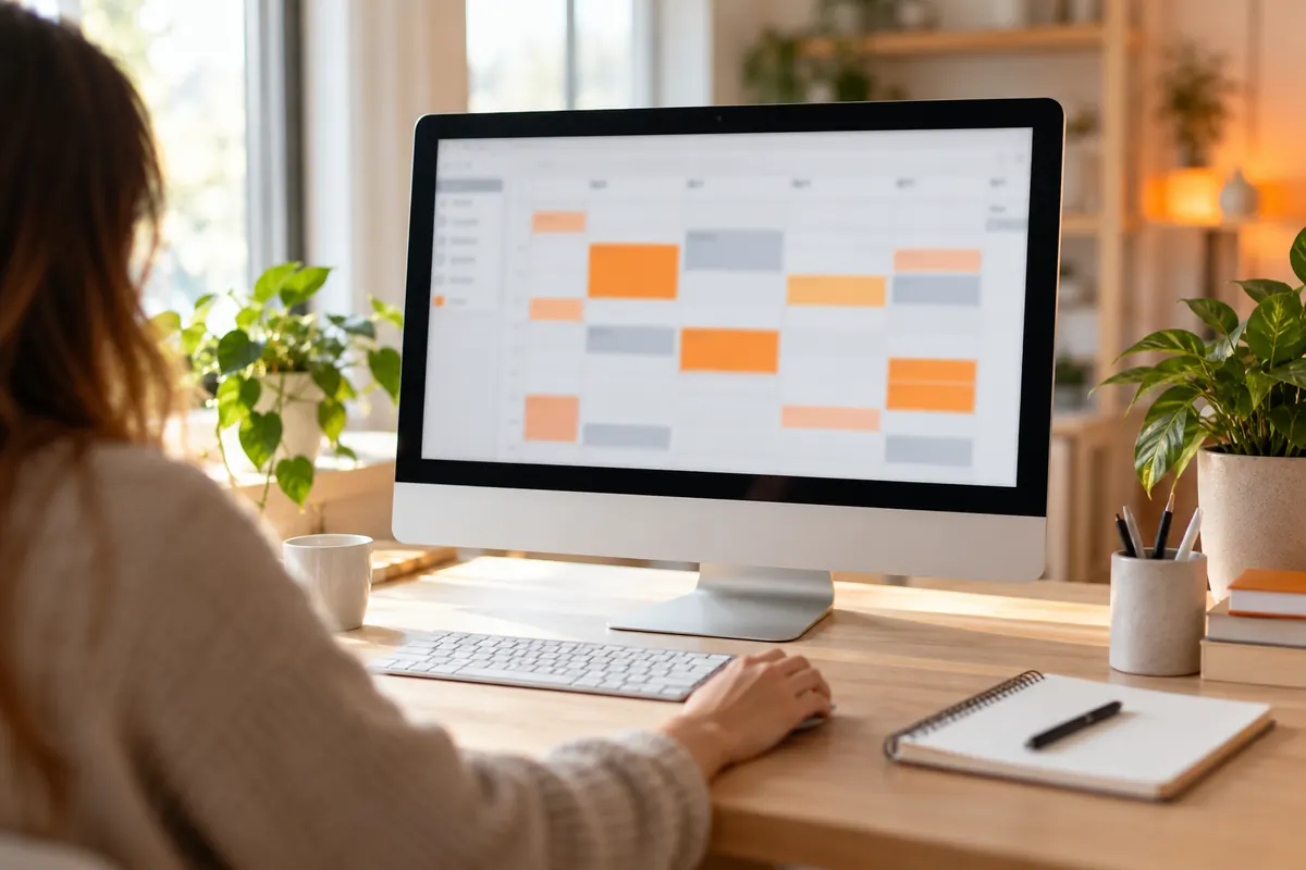 Écran d'ordinateur affichant un tableau de planification coloré par semaines sans texte lisible sur un bureau en bois clair
