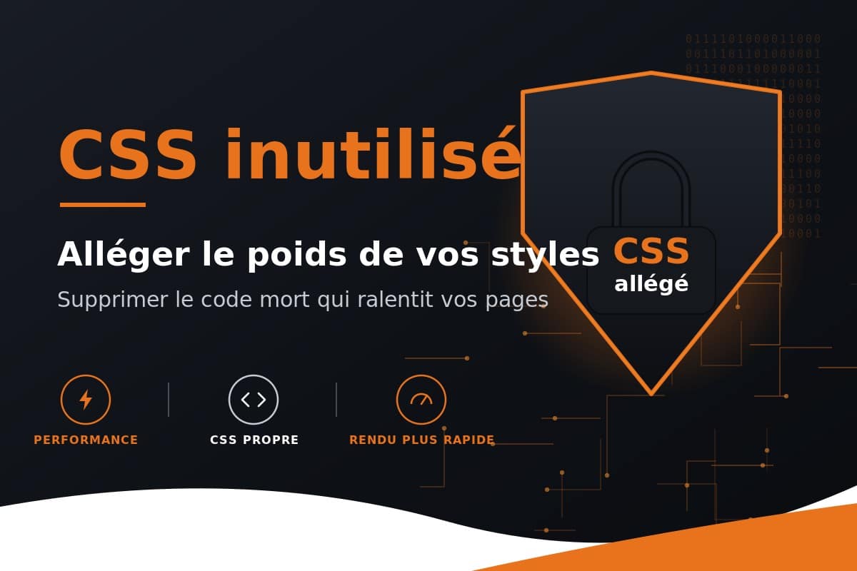 CSS inutilisé allégé optimisation performance site web avec icône de bouclier et code binaire