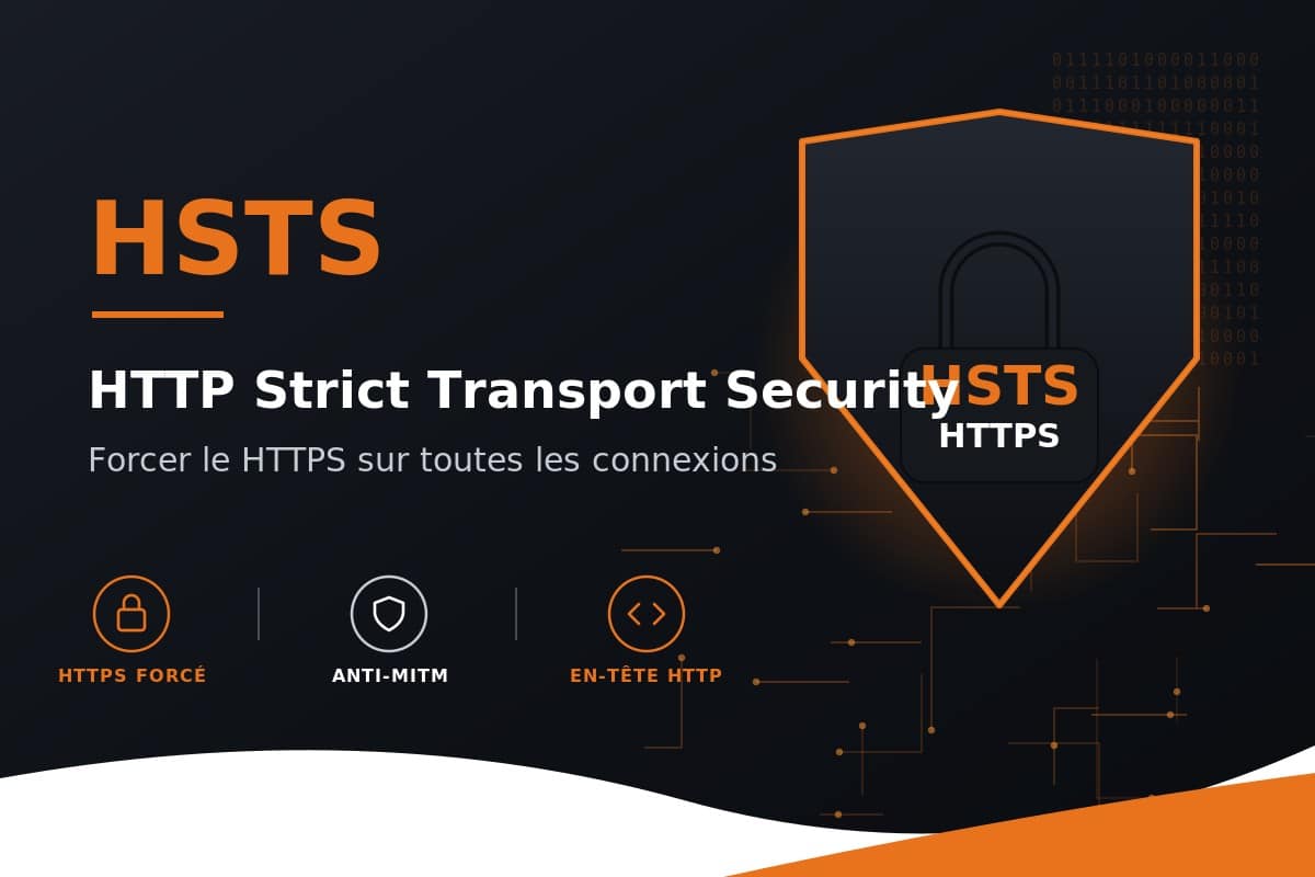 HSTS illustration avec bouclier sécurisé et texte expliquant forcer HTTPS sur toutes connexions