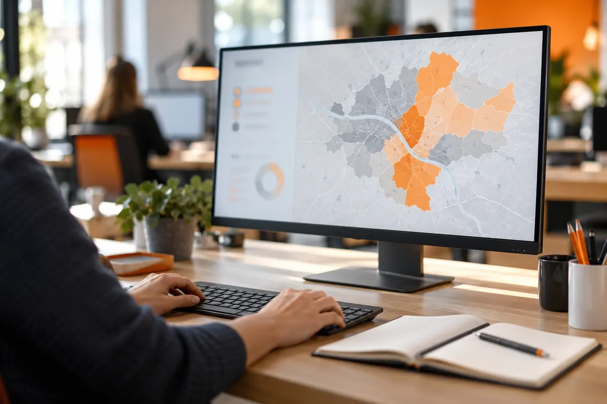Poste de travail avec écran affichant une carte abstraite colorée par zones et un carnet ouvert posé à côté du clavier