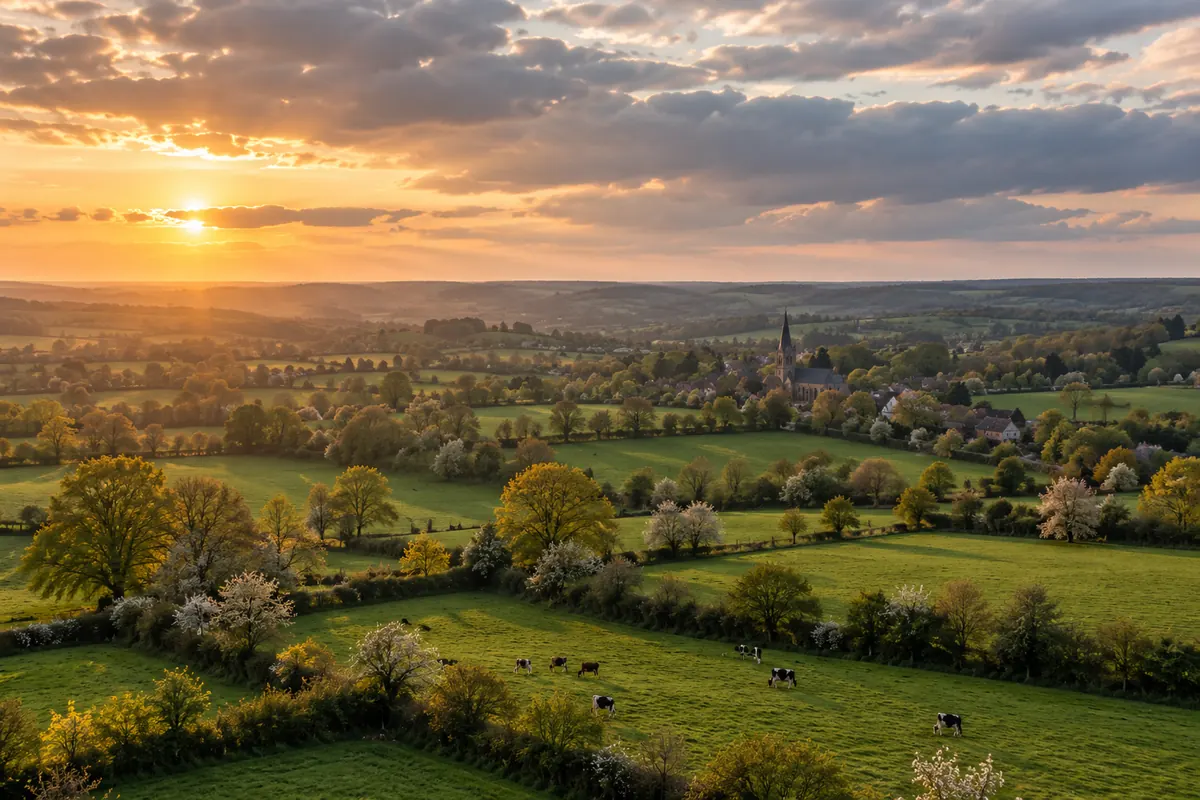 Vue aérienne d'un paysage de bocage de l'Avesnois avec haies, prairies et petit village au loin sous un ciel nuageux