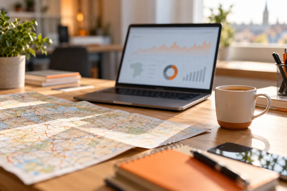 Bureau d'une PME de l'Oise avec un ordinateur portable affichant des courbes de trafic et une carte papier du département