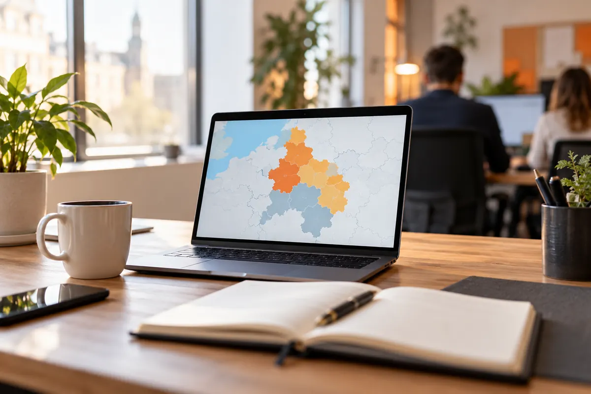 Bureau d'agence web avec ordinateur portable affichant une carte schématique colorée du Pas-de-Calais et des carnets de notes
