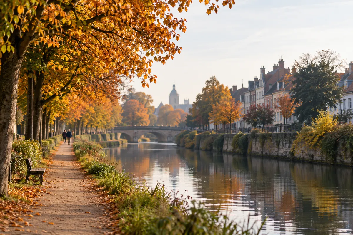 Berges aménagées de la Scarpe avec un chemin de promenade et des arbres au feuillage d'automne près d'Arras