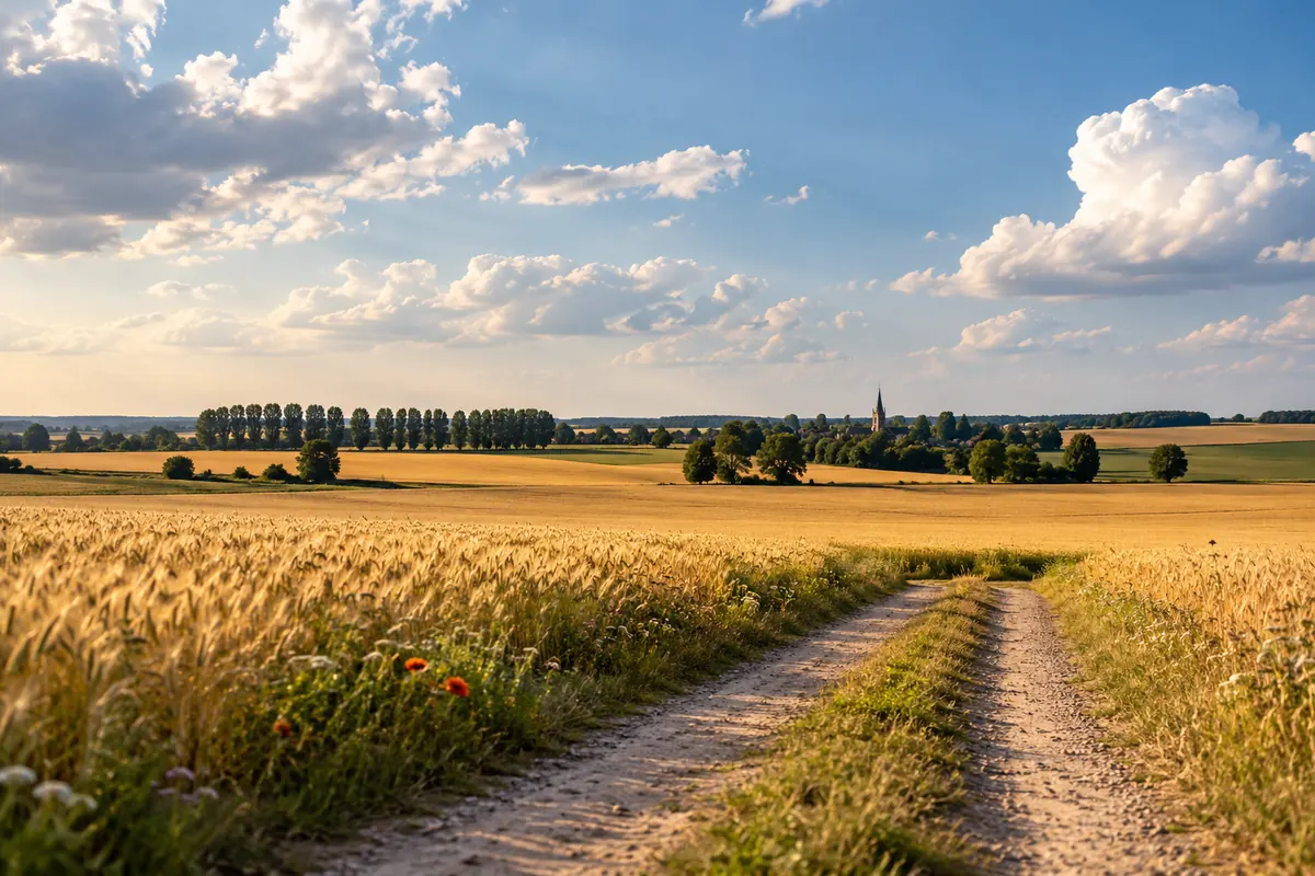 Champs de grandes cultures du Santerre sous un ciel d'été avec un chemin agricole et quelques arbres à l'horizon