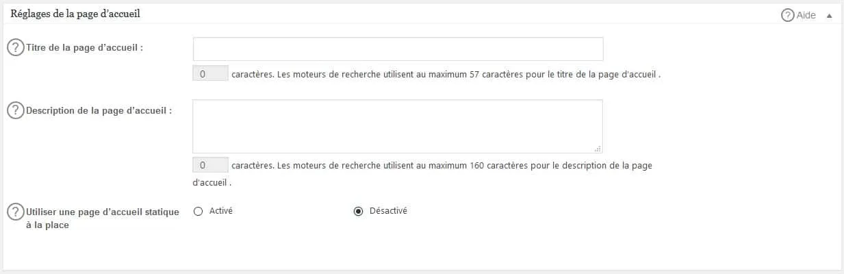 réglages titre et description accueil all in one seo