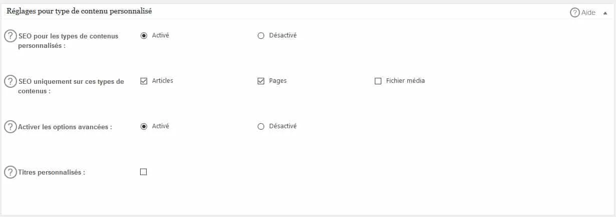 reglages des contenus personnalises dans all in one seo