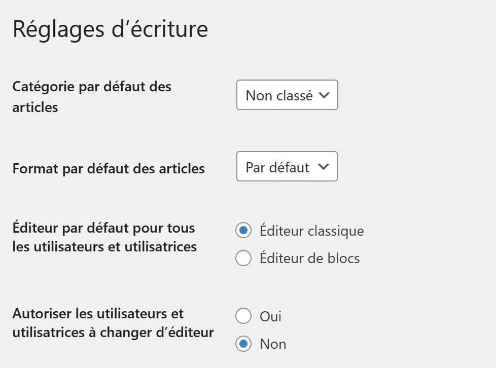 réglages classique editor