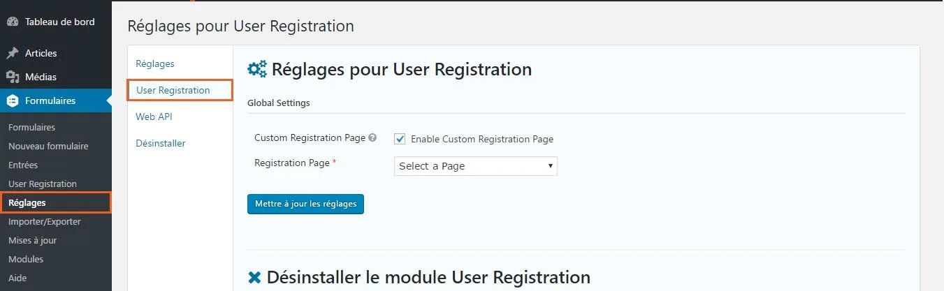Réglages User Registration Gravity Forms