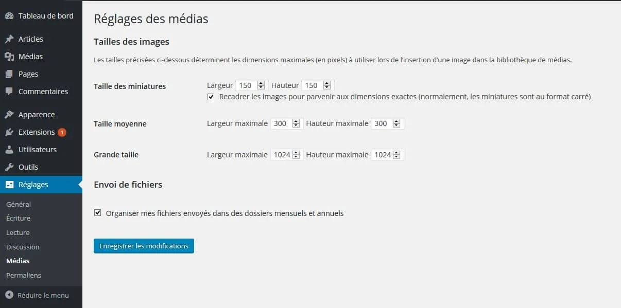 Réglages des médias WordPress