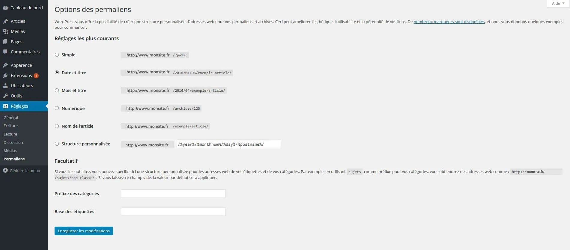 Réglages permaliens WordPress
