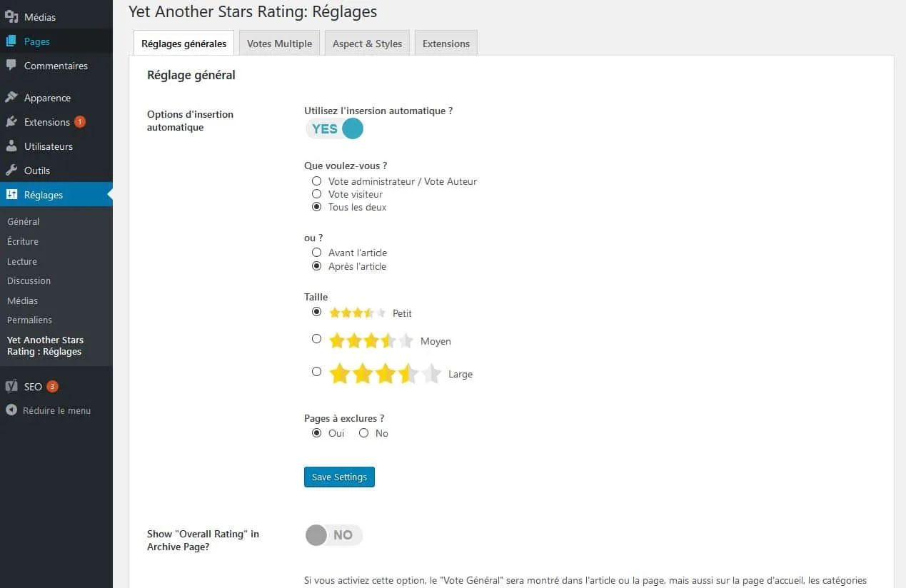 Réglages Yet Another Stars Rating