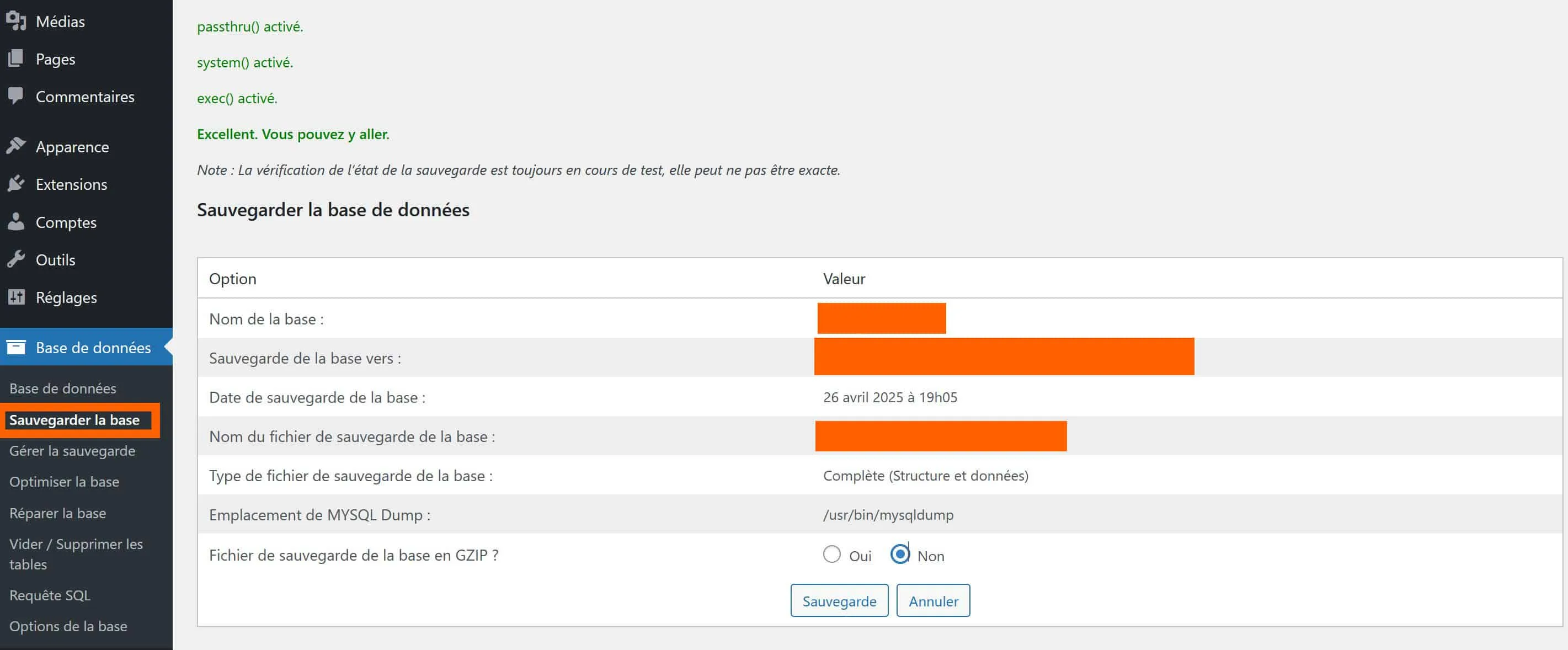 Sauvegarde d'une base de données WordPress avec WP-DBManager