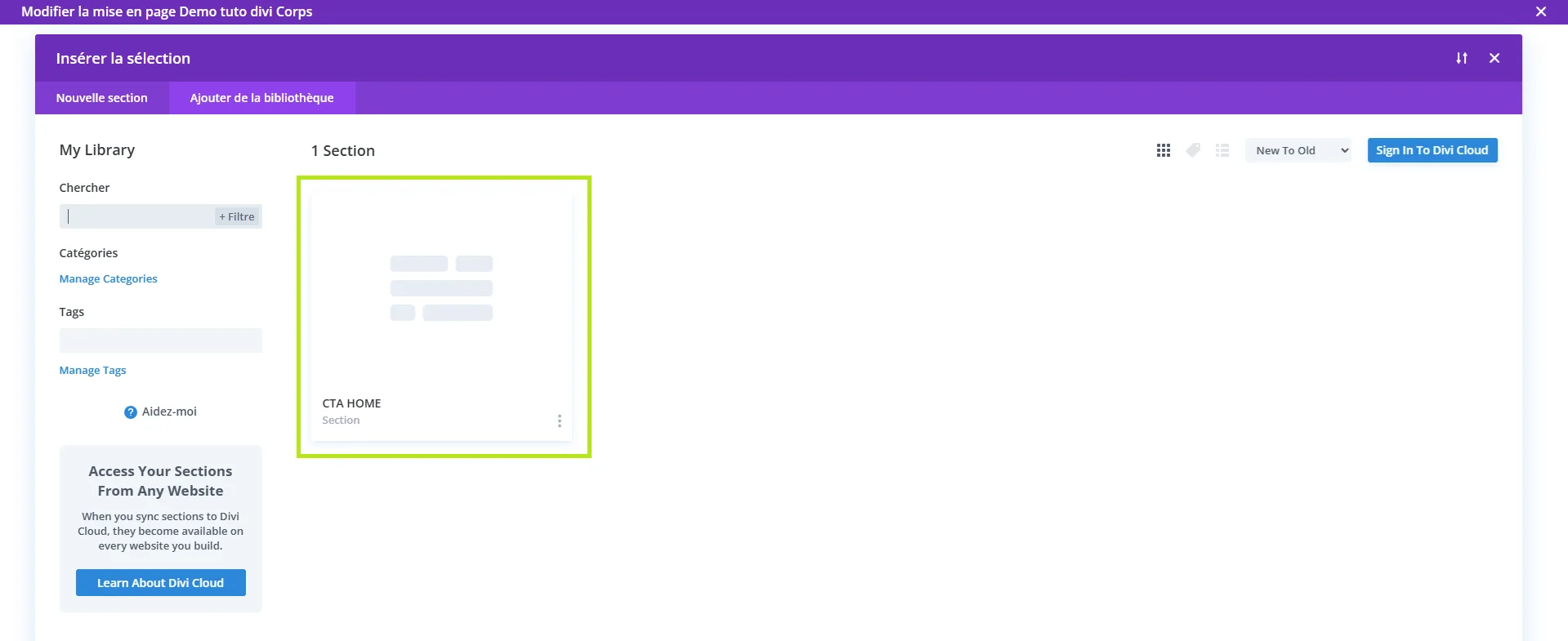 selection layout divi library