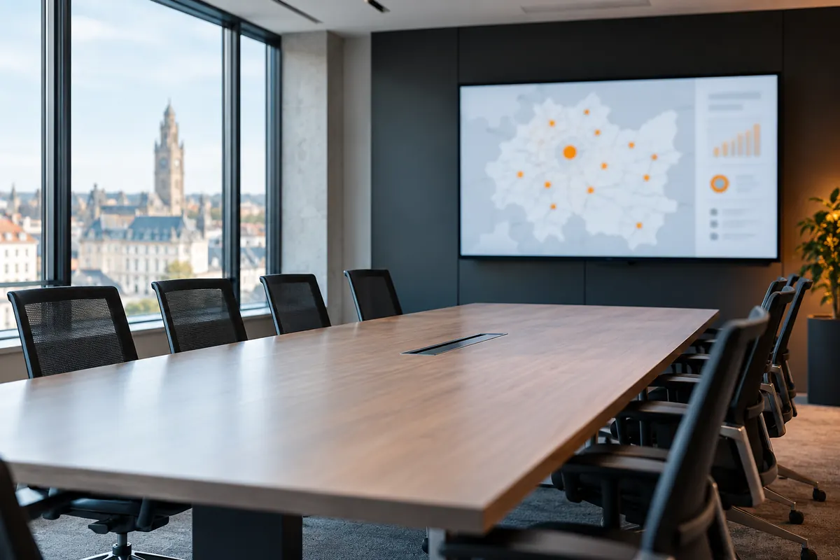 Grand écran affichant une carte floue parsemée de points de localisation, devant une table de réunion vide