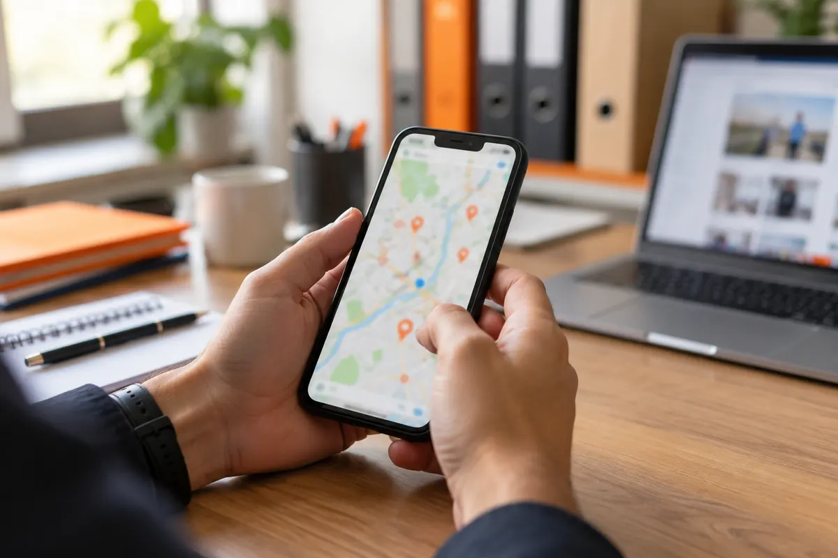 Mains tenant un smartphone affichant une carte floue de points de vente devant un bureau avec des dossiers