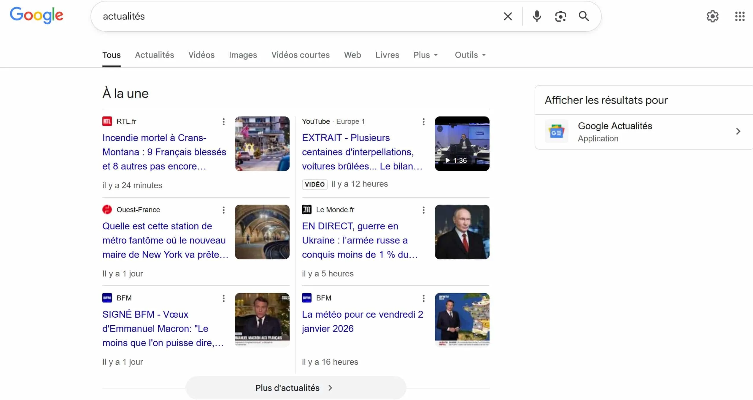 serp actualités Google