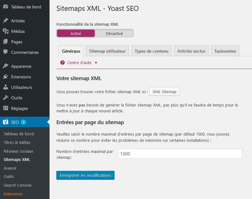 tableau de bord onglet sitemap yoast xml