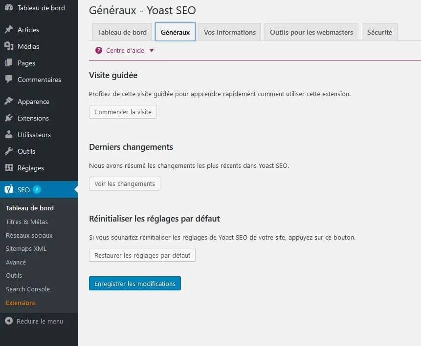 tableau de bord général yoast seo