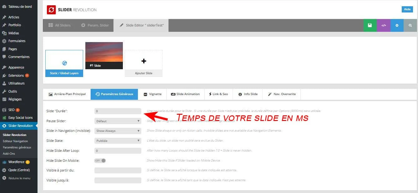paramétrage de la durée d'un slide dans Revolution Slider