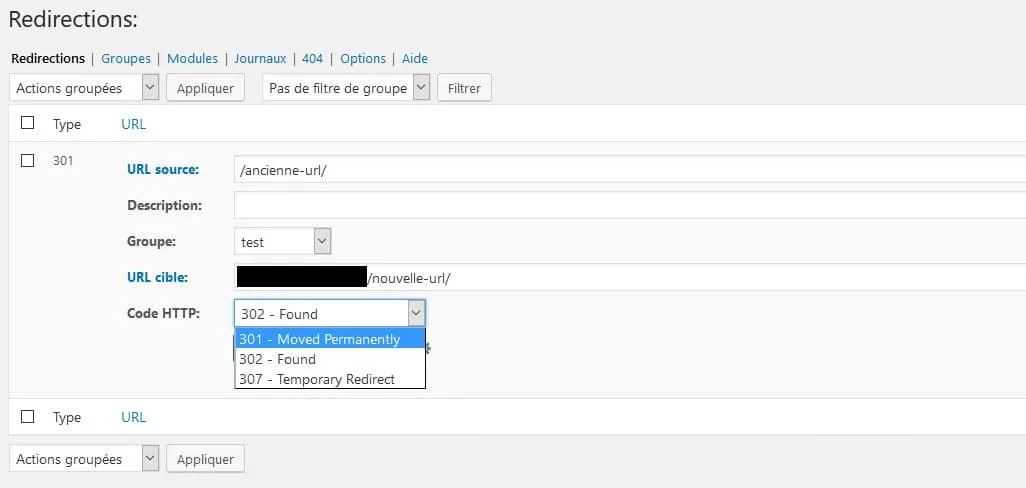 type de redirection wordpress