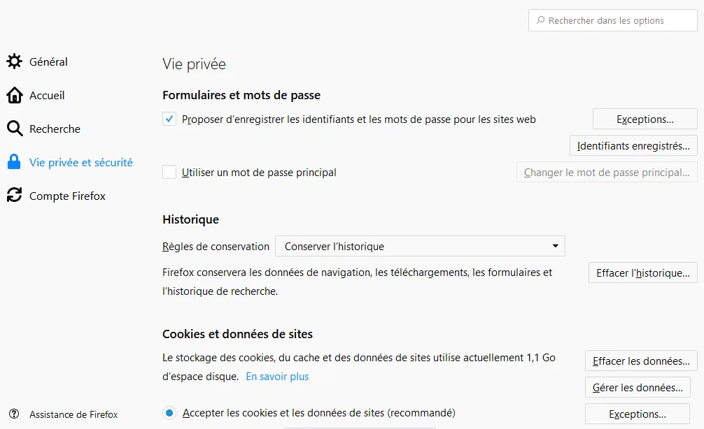 vie privee et securite firefox historique