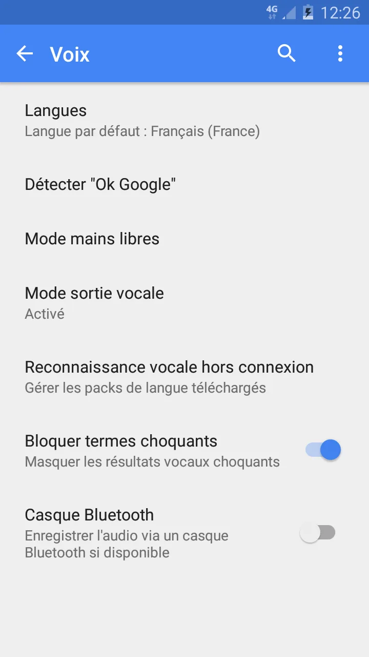 Paramètres de voix sous Android