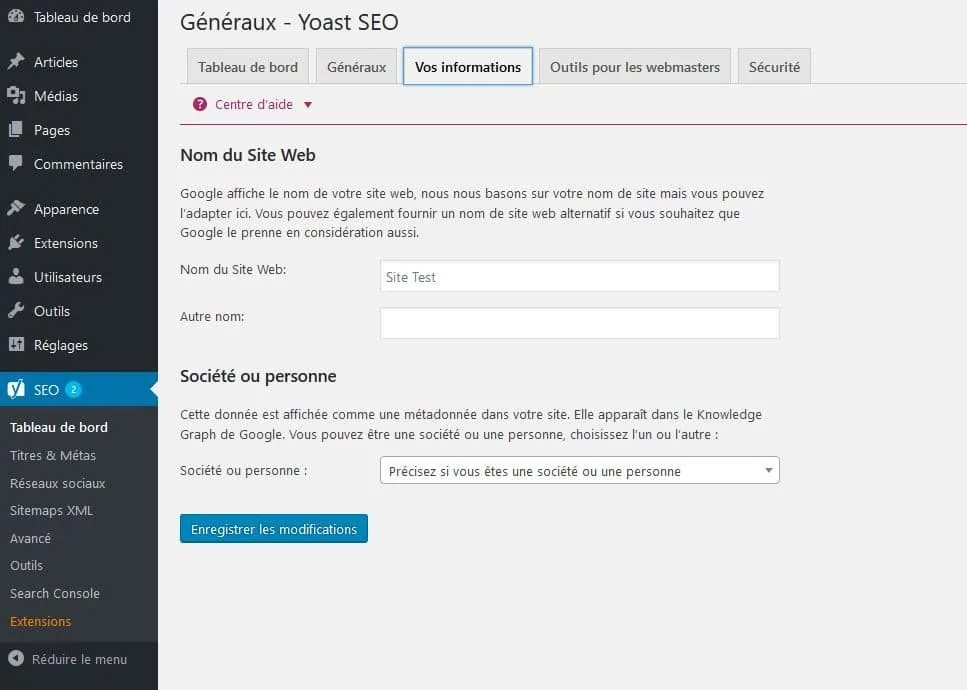 informations entreprise yoast seo wordpress