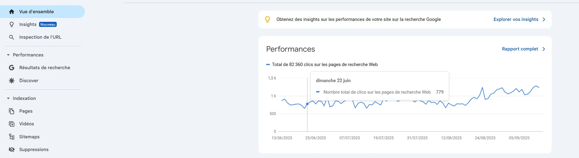 Vue globale du trafic dans la Google Search Console