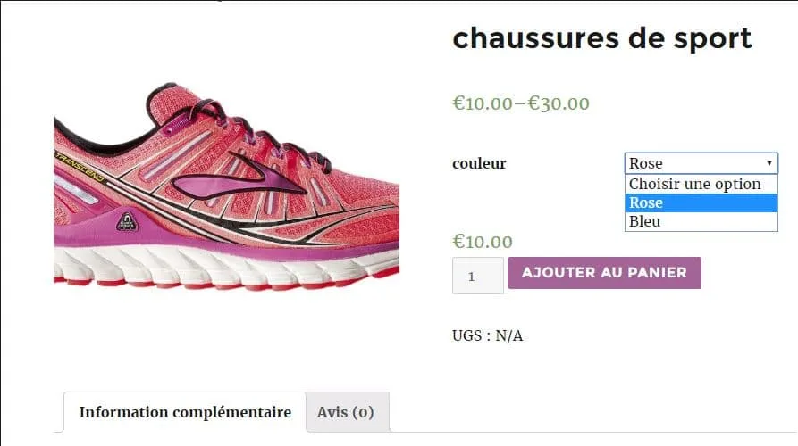 produit variable woocommerce (couleur, prix)