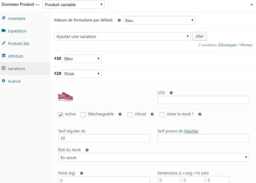 champs produit variable woocommerce