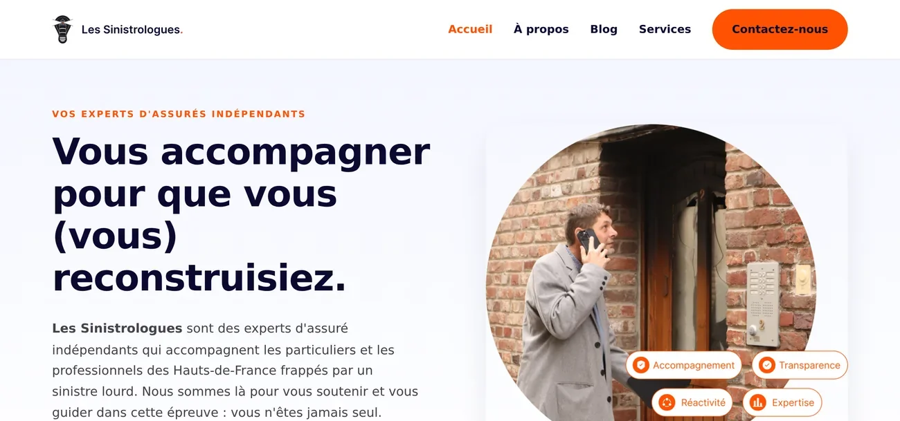 Page d'accueil du nouveau site Les Sinistrologues, experts d'assuré dans les Hauts-de-France