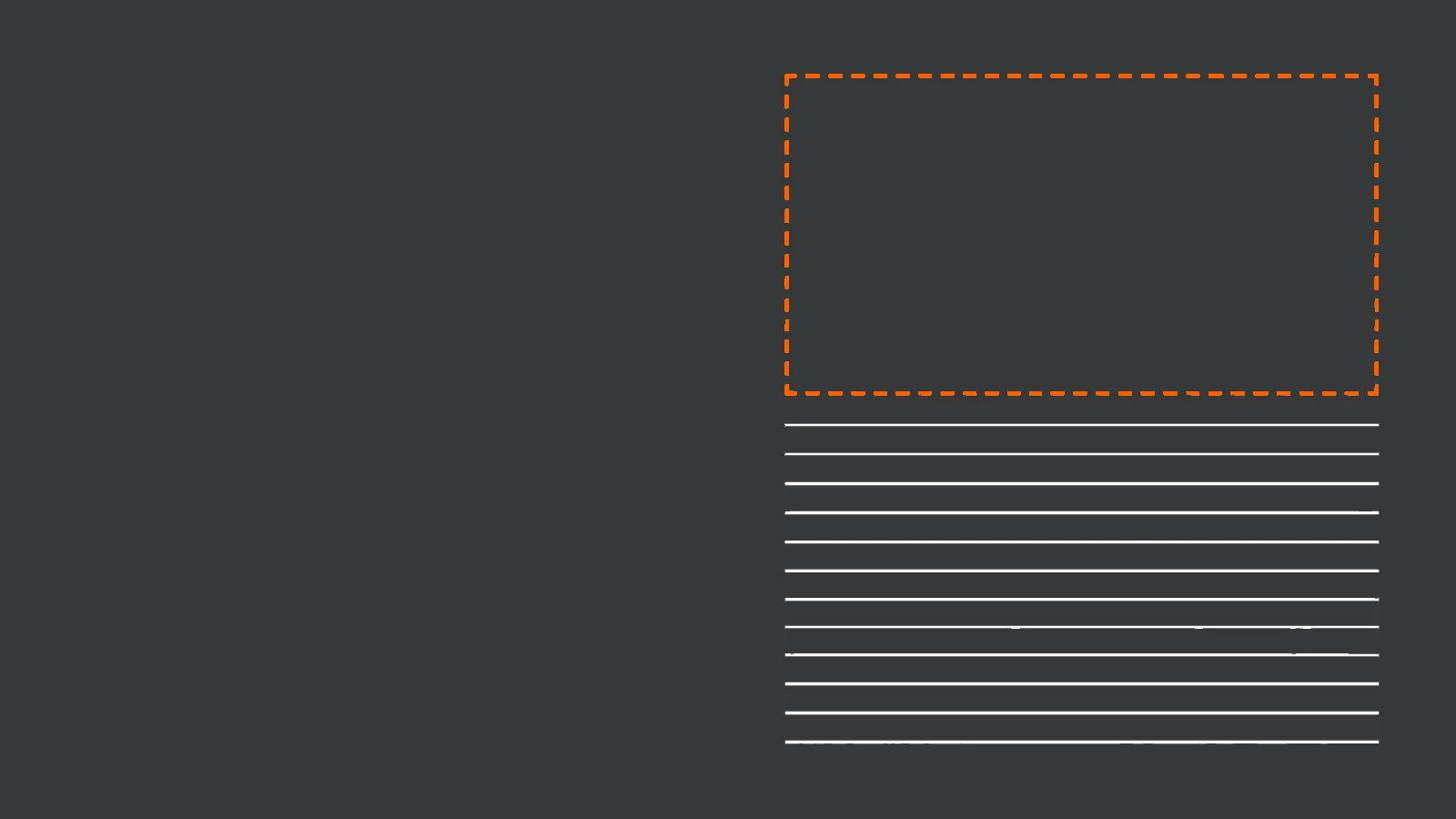 Page de résultats stylisée dont le bloc supérieur, en pointillés orange, est resté vide