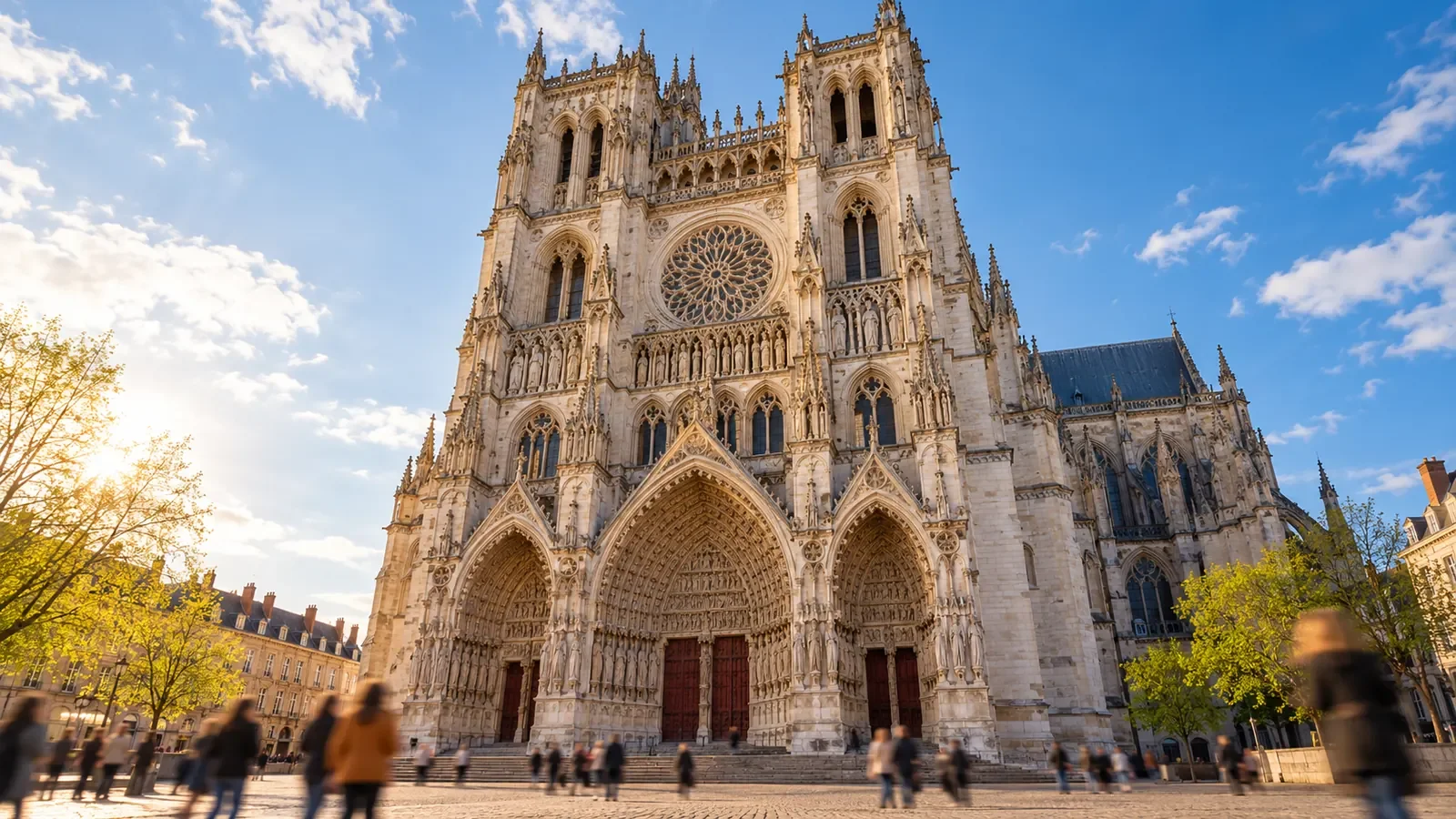 Façade gothique de la cathédrale Notre-Dame d'Amiens vue depuis le parvis sous un ciel bleu de matinée printanière