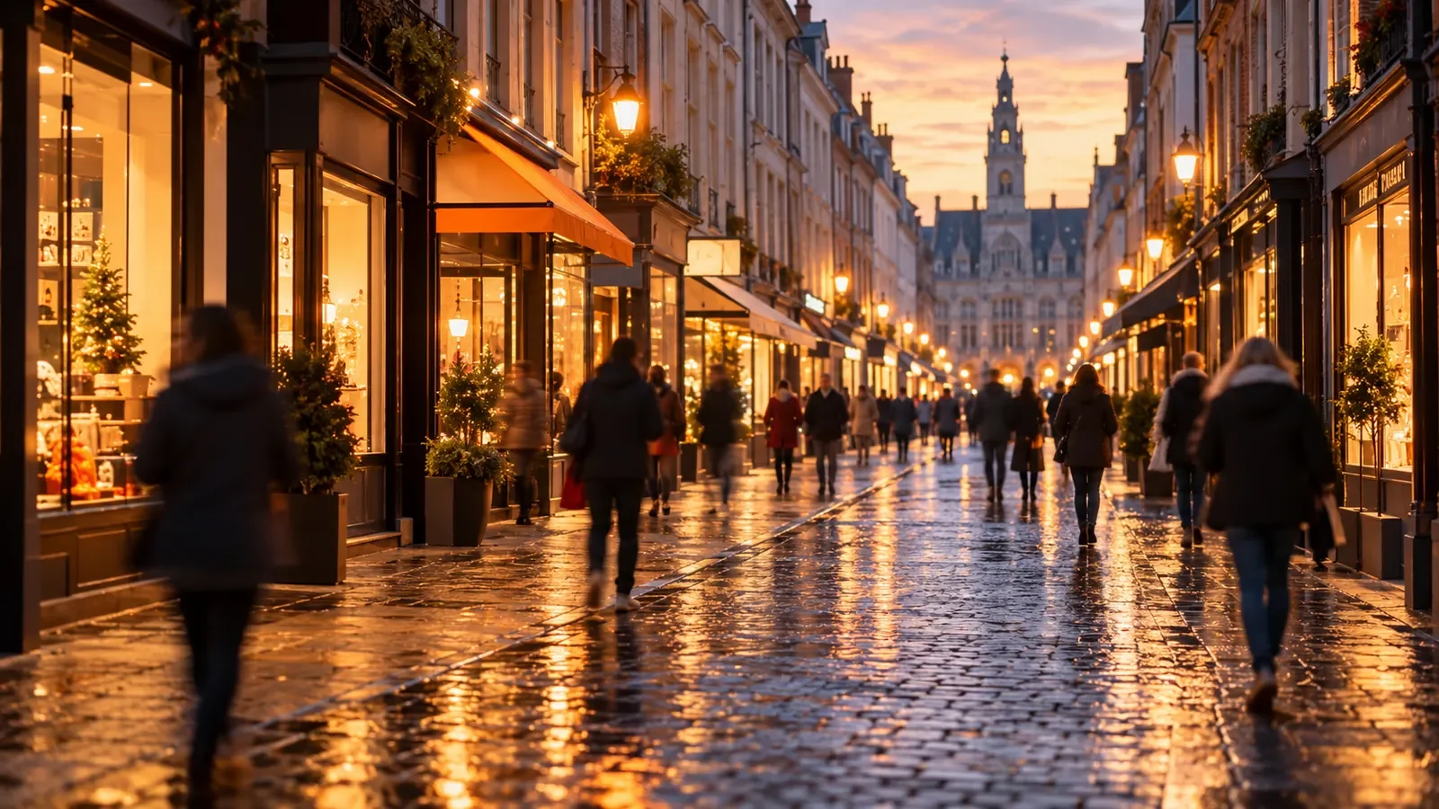 Rue commerçante de centre-ville avec une succession de vitrines lumineuses sans enseigne lisible en fin de journée