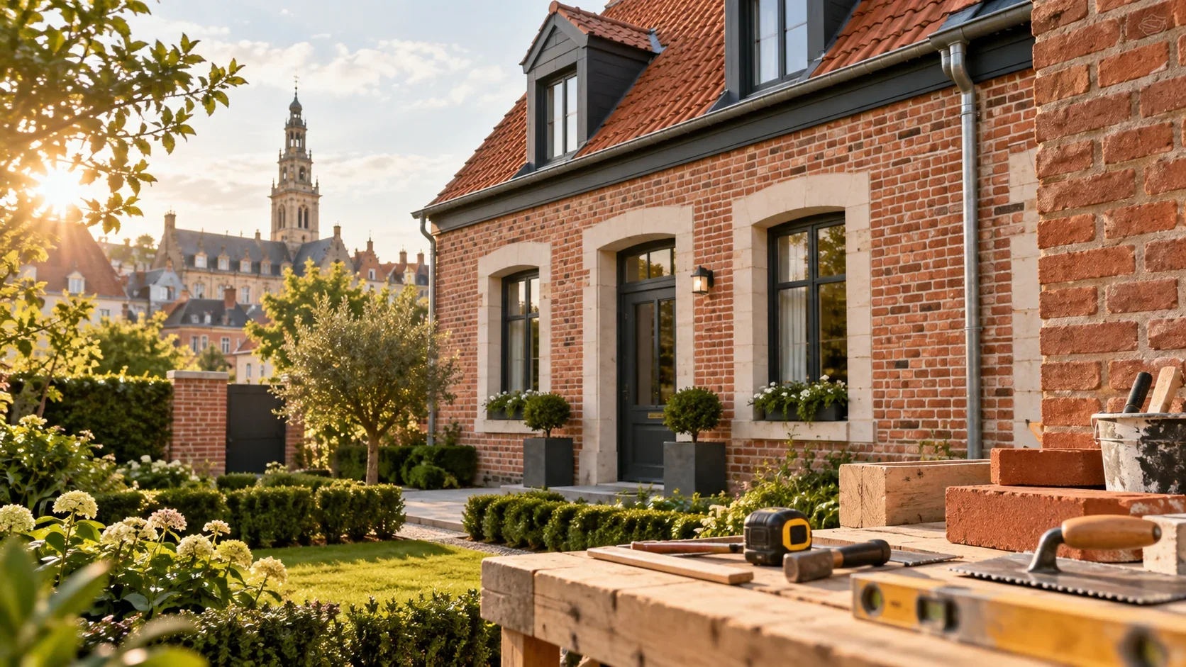 Annuaire Artisan Arras : maison arrageoise en briques et outils du bâtiment, beffroi d'Arras en arrière-plan