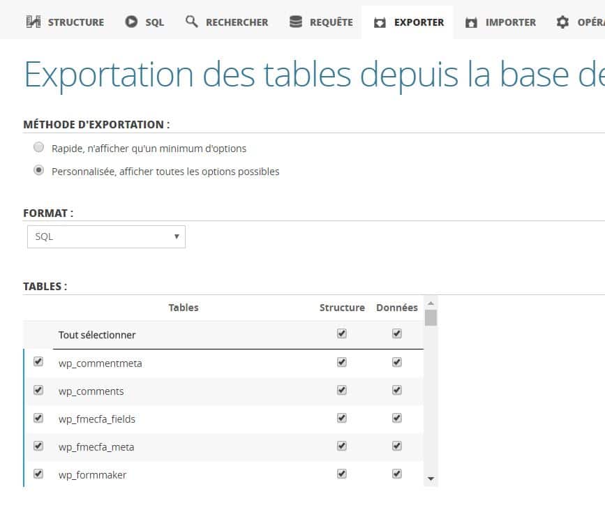 exportation des tables de wordpress php my admin