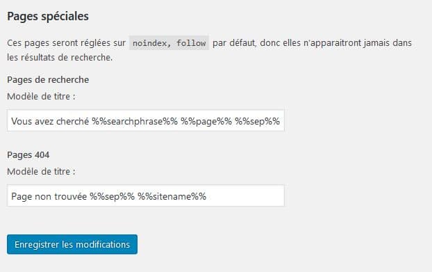 configuration pages speciales wordpress yoast