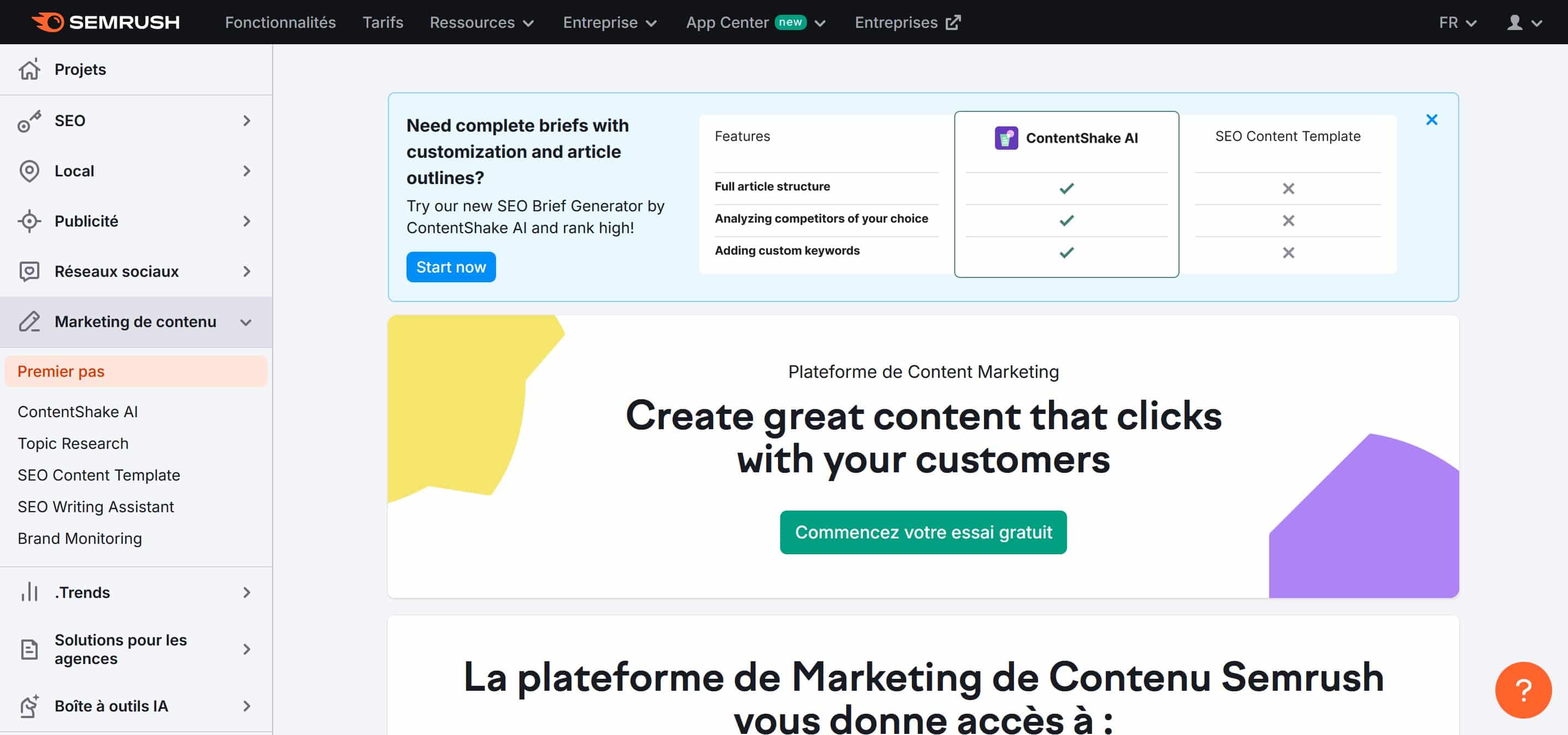onglet marketing de contenu Semrush