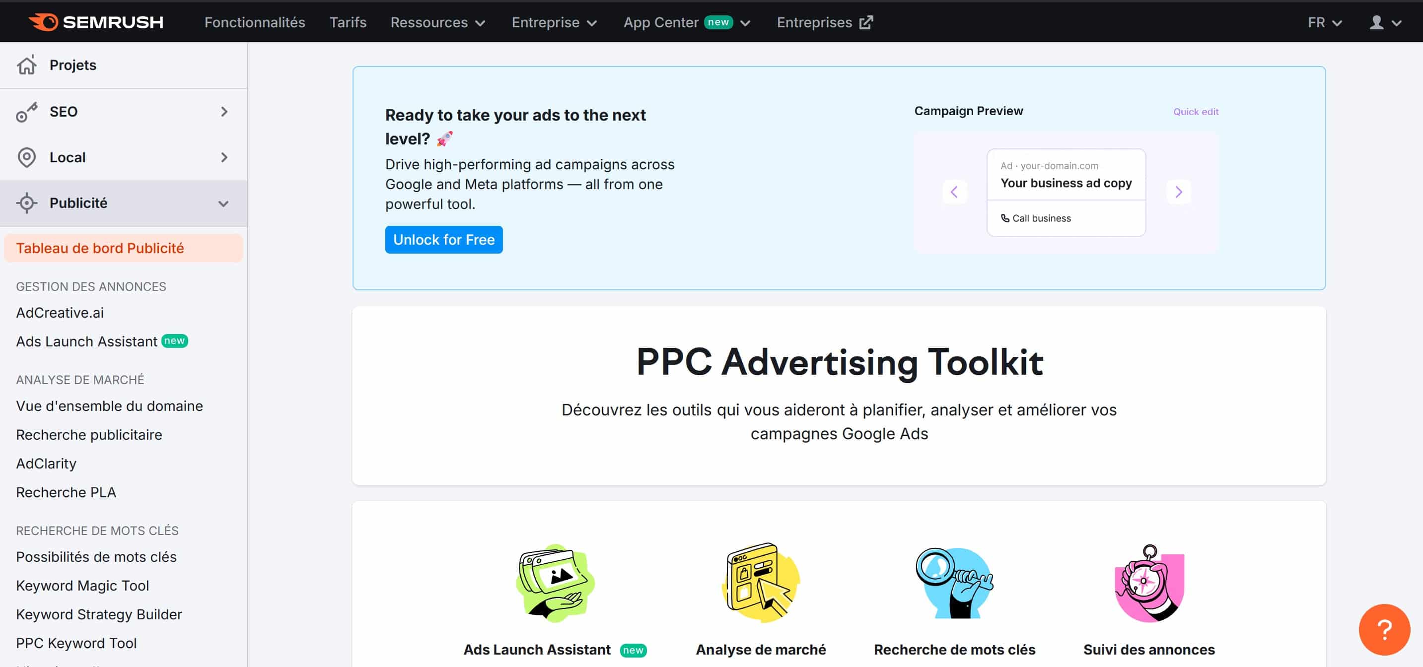 onglet publicité semrush