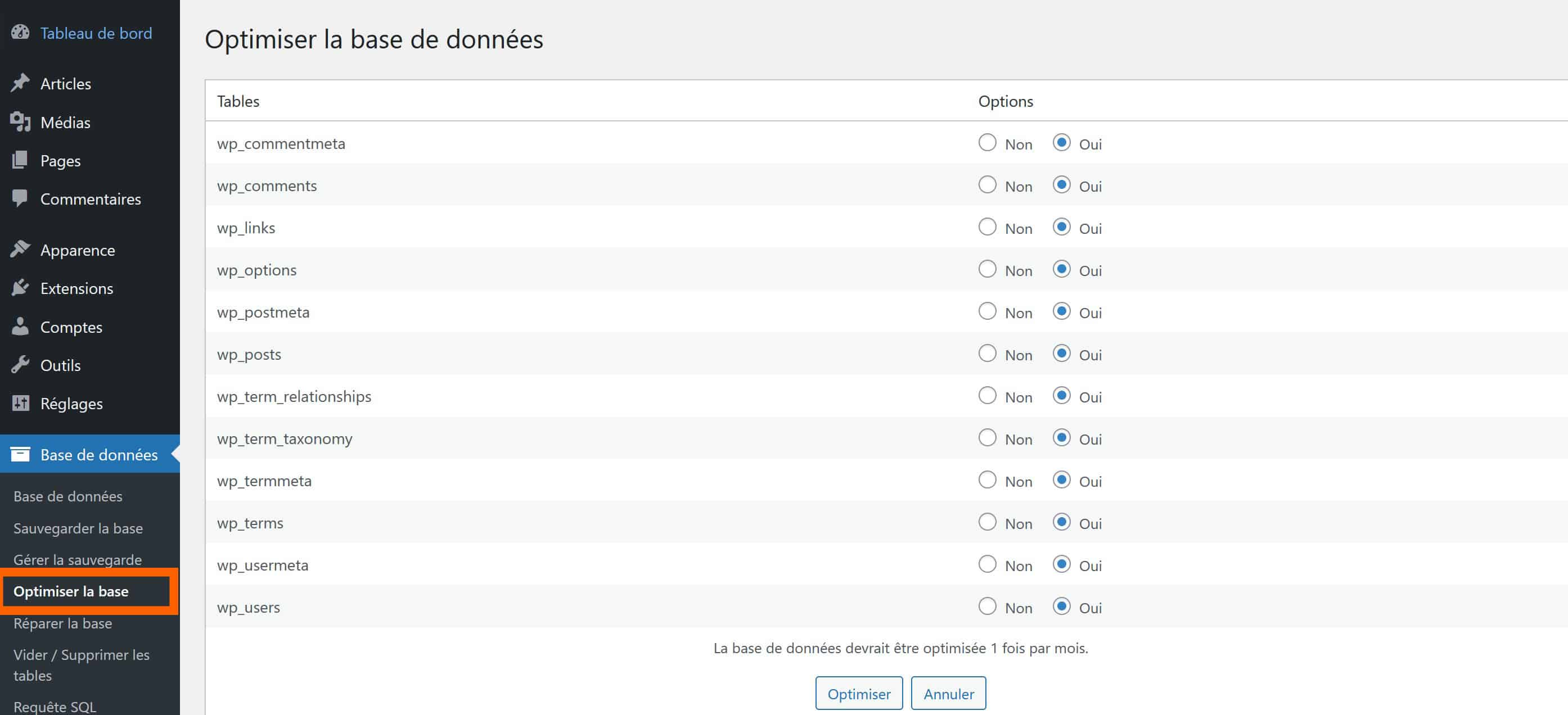 optimiser la base de données wp