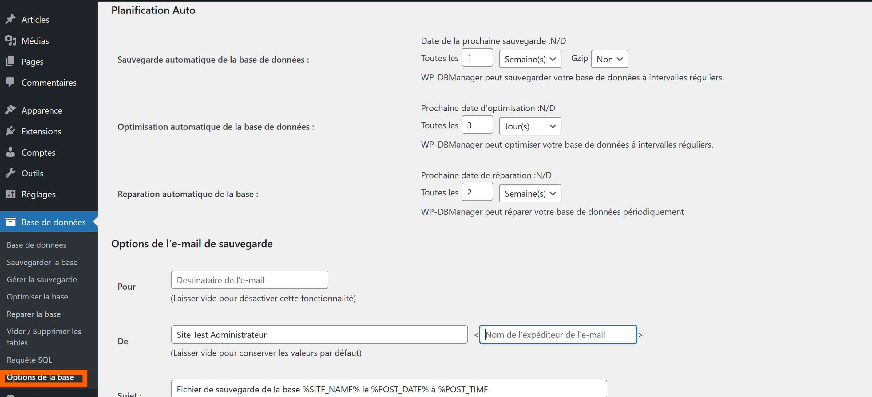 options base de donnees wp db manager